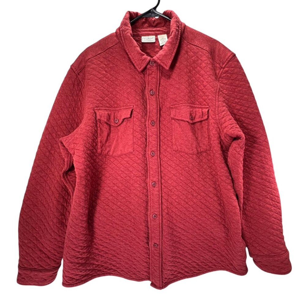 LL Bean Mens Quilted Shirt Jacket Red LG Shacket Cotton Blend Button Pockets